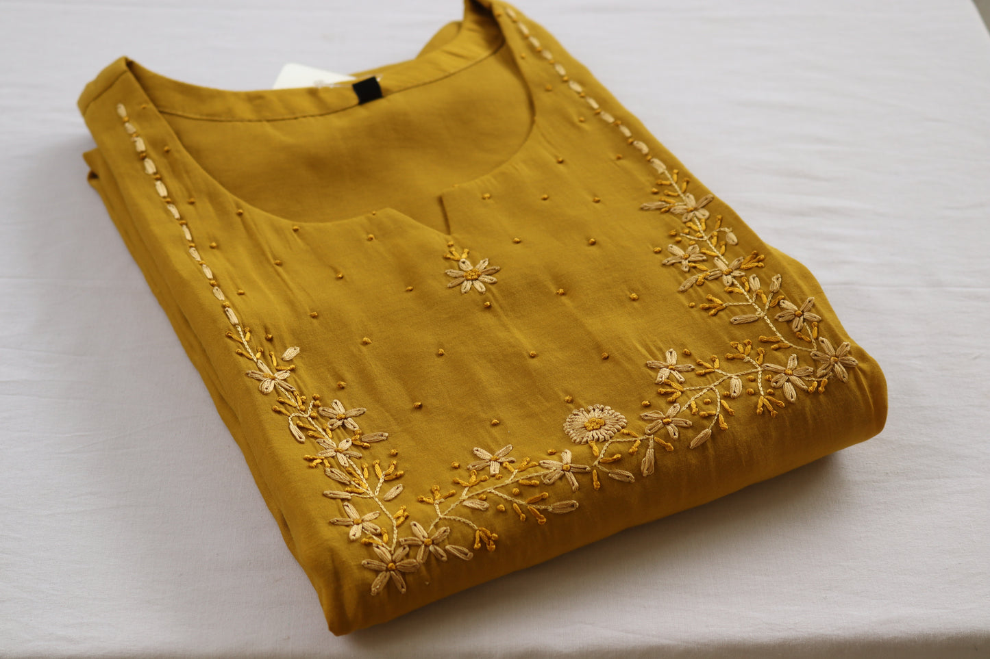 Mustard Cotton Bloom Embroidered Kurti