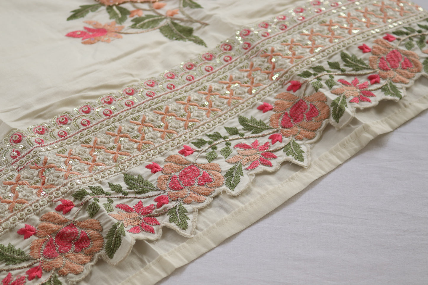 White Blossom Kurta Set - White with Floral Embroidery