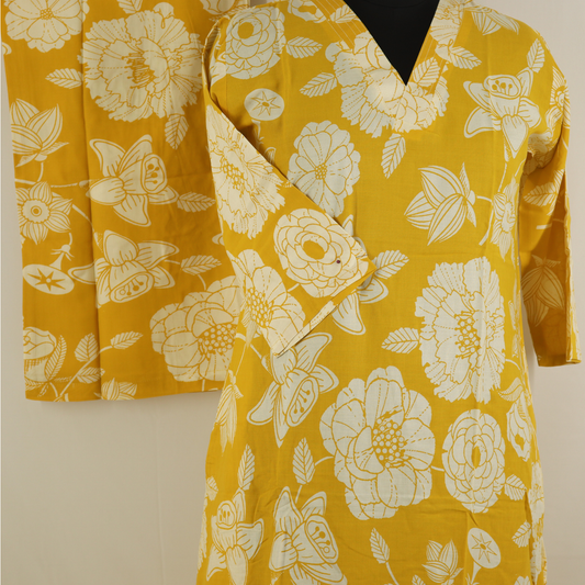Sun Bloom Cotton Kurta – Mustard Yellow Floral Elegance